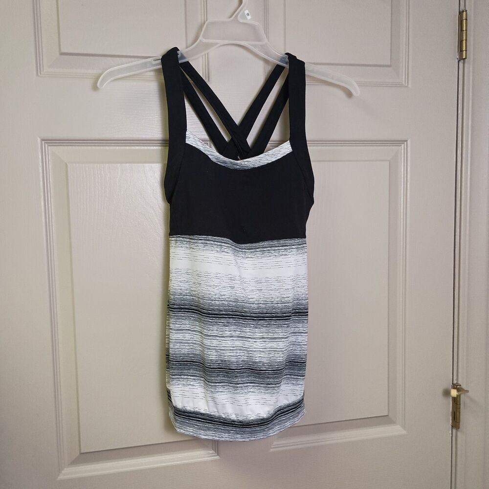 Athleta Womens Tank Size Small Black White Stripe Criss Cross Back Athletic